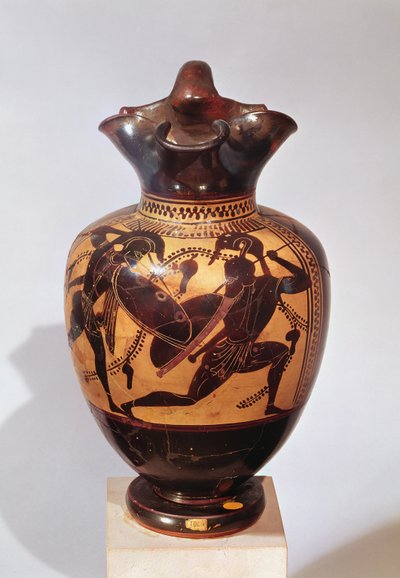 Oinochoe czarnofigurowe ozdobione wojownikami, ok. 530-520 pne (ceramiczne) autorstwa Greek